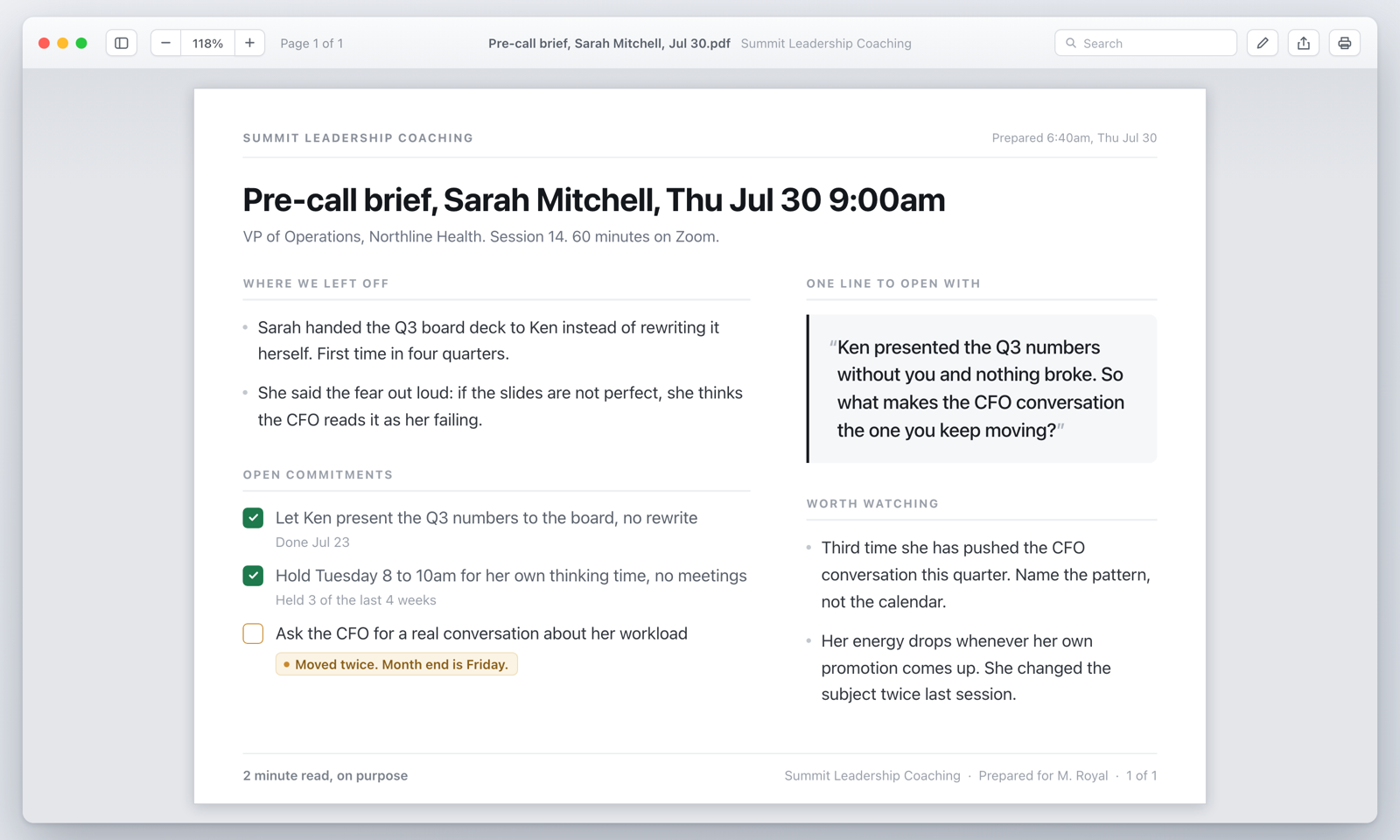 Example coaching workflow with fictional client data