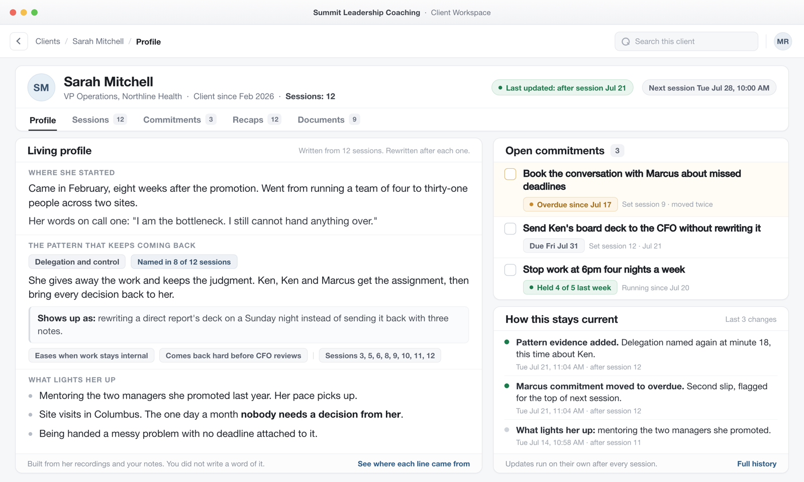 Example coaching workflow with fictional client data