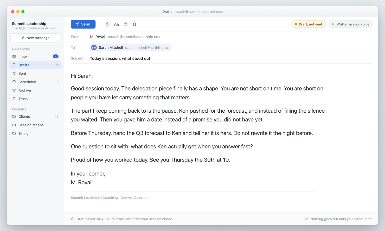 A recap email drafted in the coach's voice, waiting for her approval